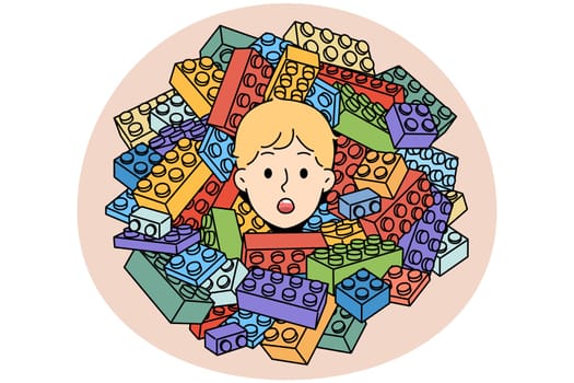Cute boy child head in pile of Lego constructor. Stunned small kid playing with construction set. Children hobby concept. Vector illustration.