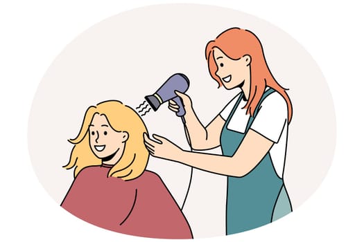 Smiling female client get hairstyle in saloon. Happy stylist dry hair of woman customer with blow dryer in salon. Beauty and care concept. Vector illustration.
