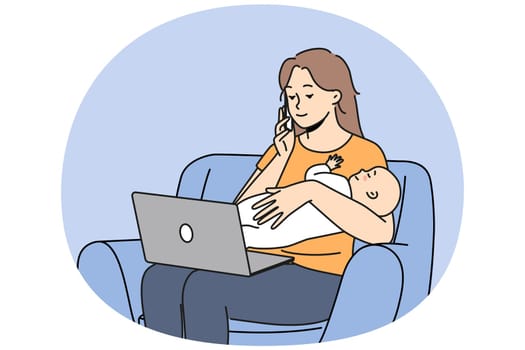 Young mother with newborn baby work on computer at home online. Busy mom with infant child multitask working remote talking on cell. Vector illustration.