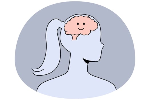Smiling brain in woman head. Female with positive and optimistic view on life. Concept of optimism and wellbeing. Vector illustration.