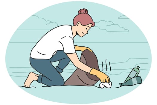 Female activist clean beach or seashore from garbage and waste. Woman volunteer collect trash outdoors care about environment protection and pollution. Vector illustration.