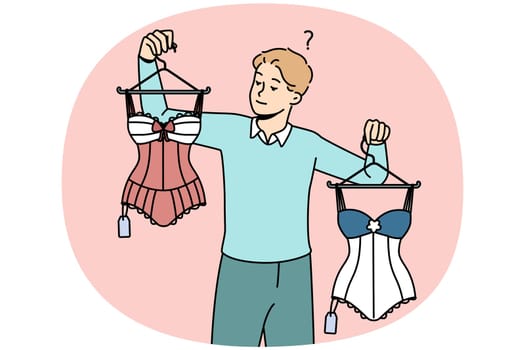 Confused young man choosing lingerie for girlfriend in shop. Frustrated male buying sexy underwear or body for woman. Vector illustration.