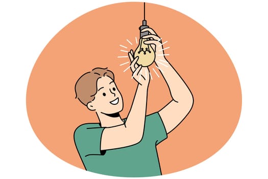 Smiling young man screwing lightbulb at home. Happy guy connect light bulb for light indoors. Vector illustration.