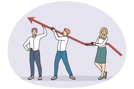 Smiling businesspeople with arrow facing up working together for shared success. Happy employees show financial success or rise. Vector illustration.