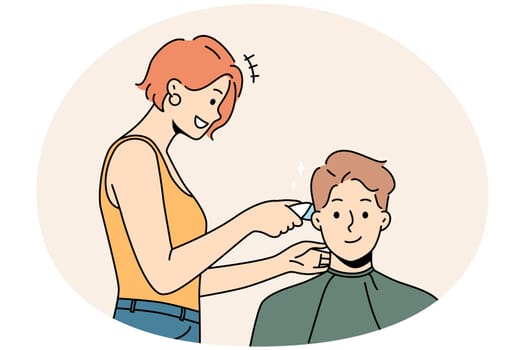 Smiling male client get hairdo in barbershop. Female barber give hairstyle to happy man customer in saloon. Beauty and haircare. Vector illustration.