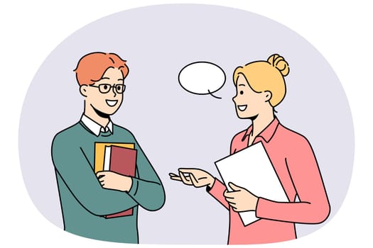 Smiling businesspeople with speech bubble above head communicate in office. Happy employees or colleagues talk discuss ideas. Vector illustration.