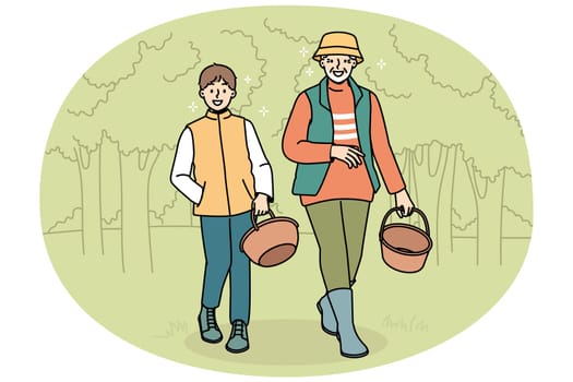 Smiling grandfather and grandson walking in forest with baskets. Happy granddad and grandchild look for mushrooms in wood together. Vector illustration.