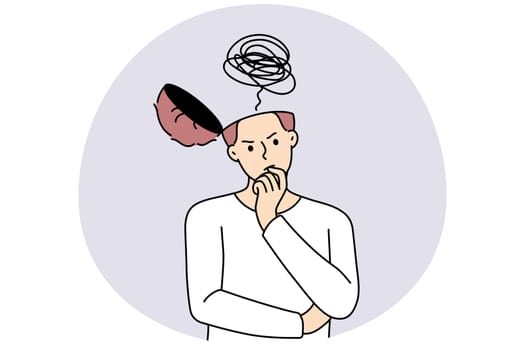 Pensive young man with open head think of problem solution or generate idea. Confused male brainstorm solve trouble or look for innovative thought. Vector illustration.
