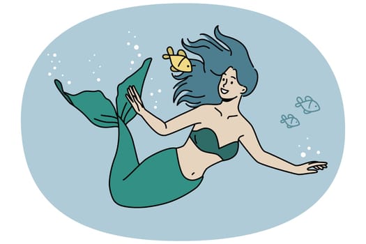 Young mermaid swimming underwater with gold fish. Smiling water nymph in sea or ocean. Marine life. Vector illustration.