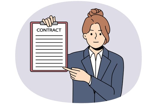 Serious young businesswoman in suit point at paper contract. Strict female boss or CEO demonstrate work agreement or paperwork. Vector illustration.
