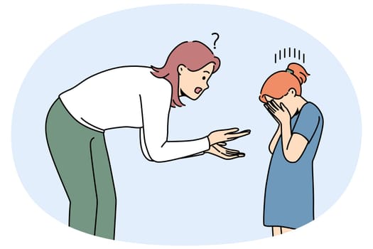 Young mother scolding unhappy crying small daughter. Confused mom talk with upset distressed girl child. Motherhood problem. Vector illustrations.