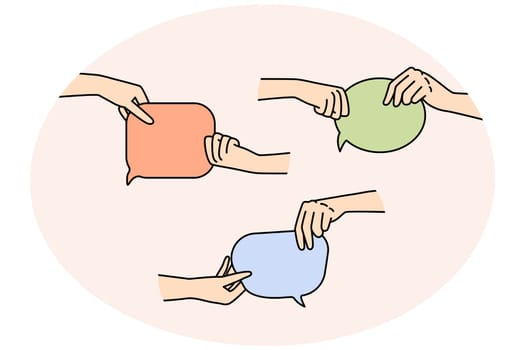 Diverse people hands holding speech bubbles for online communication or message. Men and women with talk balloons communicating. Vector illustration.