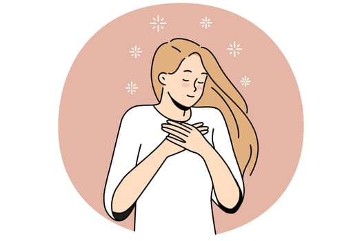Happy woman with hands at chest feel grateful