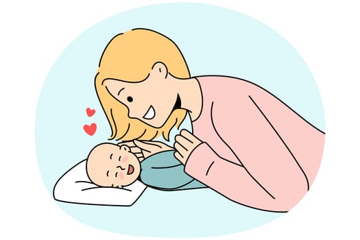 Smiling young mother play with cute newborn baby. Happy mom cuddle little child infant enjoy motherhood. Parenting concept. Vector illustration.
