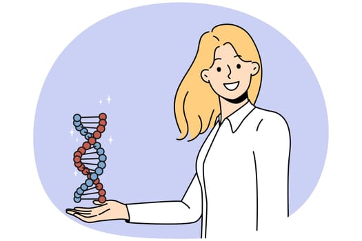 Smiling young woman hold DNA model in hands. Happy female scientist or searcher with DNA spiral. Science and genetics concept. Vector illustration.