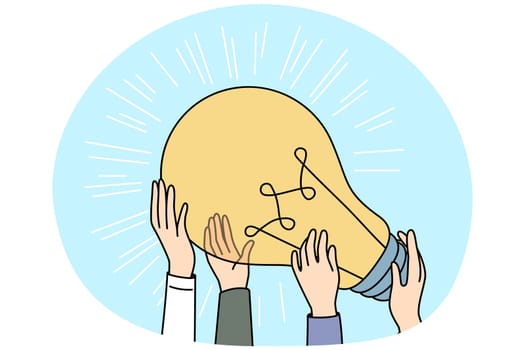 Close-up of hands of businesspeople holding huge lightbulb generate business idea together. Employees with light bulb engaged in teamwork for shared innovation. Vector illustration.