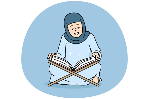 Smiling Arabic woman in abaya read Koran at home. Happy Arabian female in hijab pray with holy muslim book. Vector illustration.