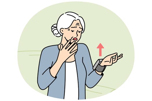 Elderly woman was upset because of increased blood pressure on monitor on her wrist. Old lady felt nervous after seeing bad health indicators on smart watch. Vector line art colored illustration.