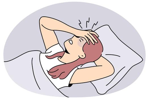Unhealthy young woman lying in bed suffering from migraine. Unwell girl struggle from headache at home. Healthcare concept. Vector illustration.