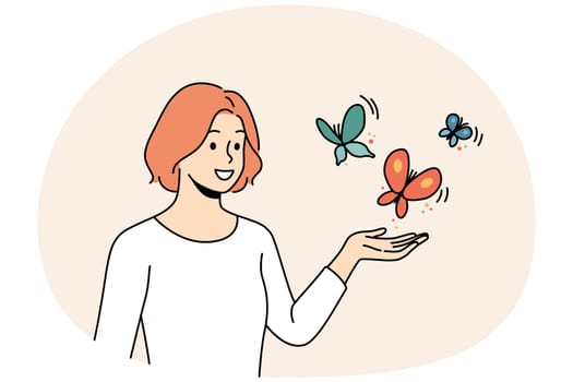 Smiling young woman with butterflies flying near hand. Happy female enjoy wild nature and outdoors. Vector illustration.