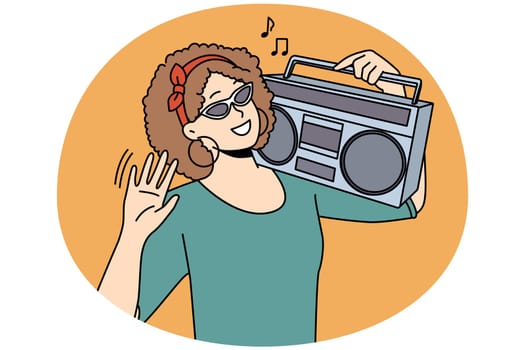 Smiling young woman in sunglasses with stereo on shoulder listen to music. Happy girl enjoy good sound on retro system. Vector illustration.