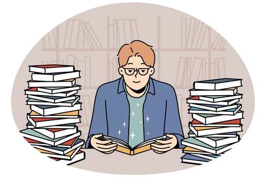 Smart young man in glasses sit in library with pile of books reading. Clever guy enjoy literature studying at desk with textbooks stacks. Vector illustration.