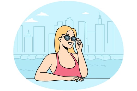 Smiling young woman in sunglasses relax in swimming pool. Happy female rest enjoy summertime holidays in city pool. Vector illustration.
