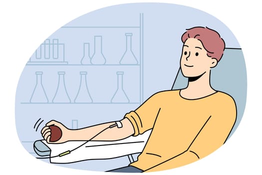 Smiling young man sit in chair in hospital get medicaments with dropper. Happy male patient in clinic receive treatment or medication with infusion. Vector illustration.