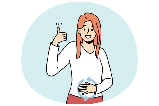 Happy girl feeling good herself after eating. Young lady has healthy digestion, holds hand on her stomach, shows like gesture. Female student has well nutrition. Vector outline illustration in color.