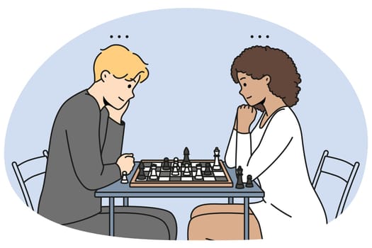 Happy couple sit at desk playing chess together. Man and woman engaged in logical board game at table. Hobby and entertainment. Vector illustration.