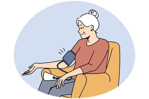 Older woman sitting in chair measuring blood pressure with tonometer. Mature grandmother check health make measurement with electronic device. Vector illustration.