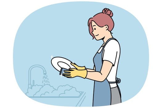 Girl washes plates in gloves near sink. Young woman is doing household chores in kitchen. Daily home cleaning routine. Domestic assistant, services staff. Vector line art multicolored illustration.