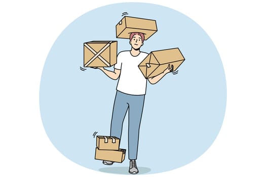 Courier carries cardboard boxes with goods on his arms, legs, head. Man delivers packed orders to customer. Guy arranges objects in house after move. Vector outline colorful isolated illustration.