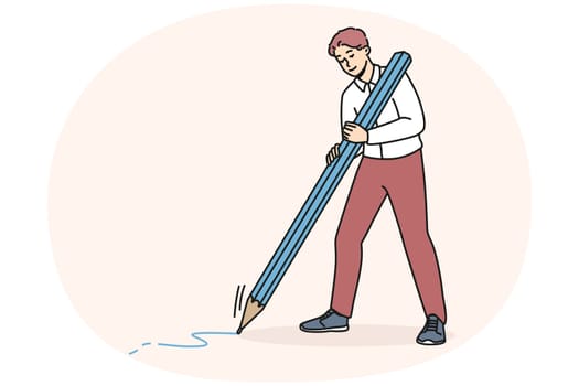 Happy young man with huge pencil drawing or taking notes. Smiling male writing or painting. Writer or journalist occupation. Vector illustration.