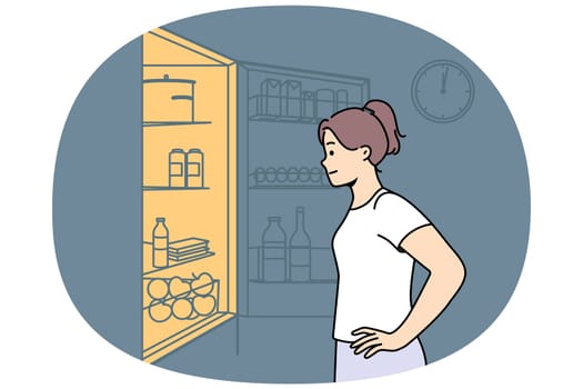 Bored young woman look in fridge at night. Millennial female feel hungry search for food or midnight snack in refrigerator. Vector illustration.