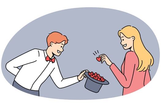Woman take hearts from magician hat. Male wizard offer likes symbols to smiling female striving for popularity and acknowledgement. Vector illustration.