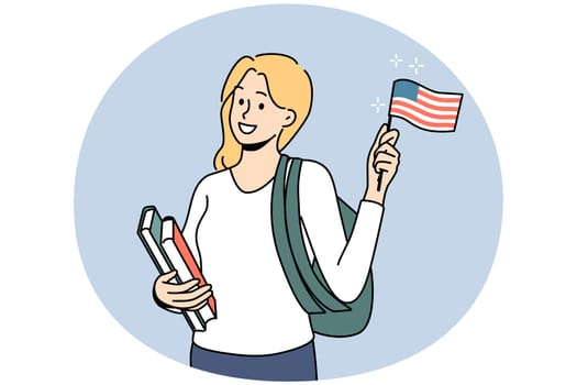 Smiling girl student with backpack and books holding American flag in hands. Happy woman ready for international study program abroad. Vector illustration.