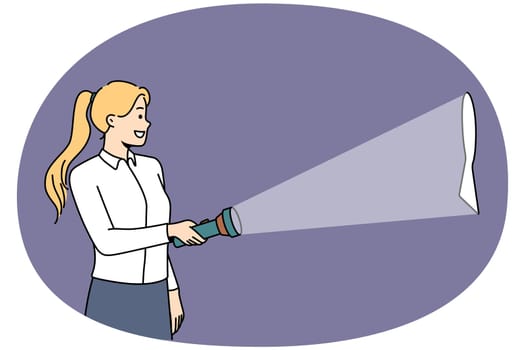 Smiling woman holding lamp lightning keyhole on wall. Happy woman with lantern lighten key hole. Vector illustration.