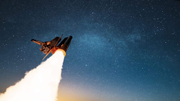 Spaceship rocket shuttle successfully takes off with blast and puffs of smoke into starry space. Successful start of the space mission and launch of the rocket to Mars. Lift off, concept,