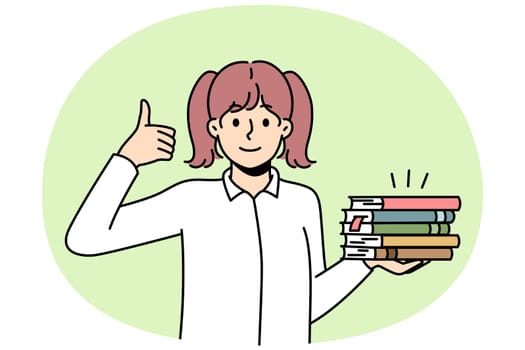 Girl holds pile of paper books, shows thumb up. Schoolgirl with textbooks loves to read, bookworm demonstrate like hand gesture. Student passed exam successfully. Vector outline coloured illustration.