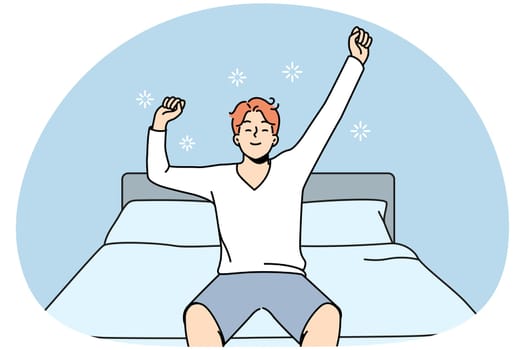 Happy young man stretch waking up in home bedroom. Smiling guy excited with good morning in bed do morning gymnastics. Vector illustration.