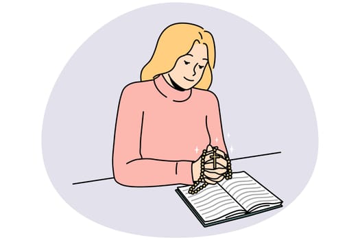Religious young woman read bible pray with rosary. Female believer praying to god in church. Faith and religion. Vector illustration.