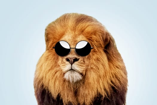 Cool handsome hipster lion boss with fashion round sunglasses on a pastel blue background. Success, business and development, creative idea. Predator
