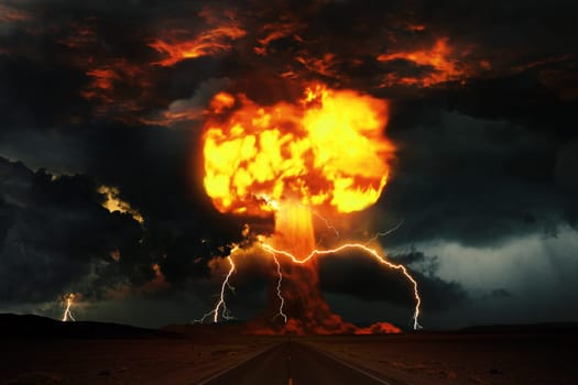 Terrible explosion of a nuclear bomb with a mushroom with clouds and storm with thunderstorms in the dark. Hydrogen bomb test. Nuclear catastrophe. Road to nuclear explosion