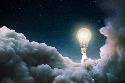 Creative burning light bulb rocket with blast and clouds of smoke successfully takes off into the starry sky. Creative idea, concept. Generation of new thoughts and ideas. Science and technology. Bulb