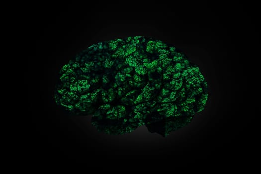 Green forest from the brain on a black background. Health and thinking, creative idea. Nature and man. Think differently. Dementia, concept