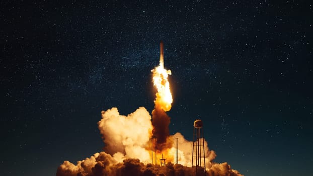 Space rocket ship unsuccessfully takes off into the starry night sky and explodes with smoke and fire. Concept error and start up. Space mission and failure. Explosion