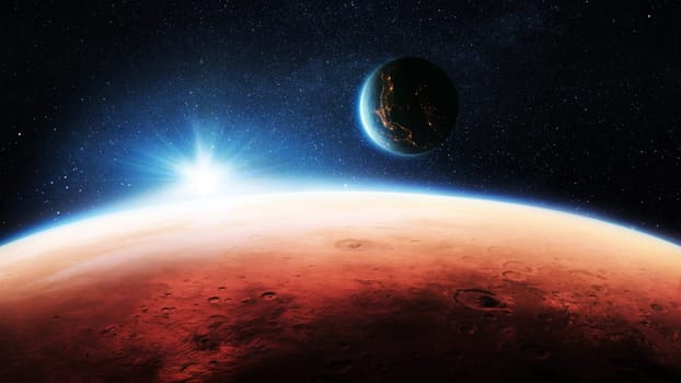 Mars, the red planet with detailed surface features and craters with amazing sunset in deep space. Blue Earth planet with lights in outer space. Mars and earth, concept