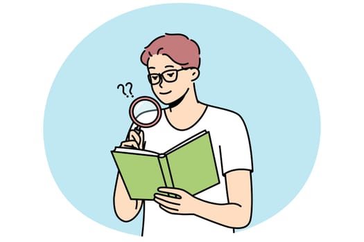Spectacled young man reading book, studying using magnifying glass. Guy with poor eyesight is trying to view small text in coursebook with loupe. Boy with magnifier. Vector minimalistic modern design.