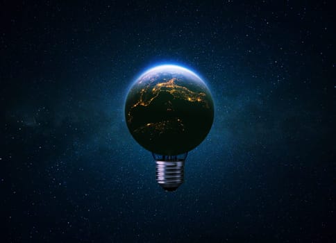 Light bulb blue planet Earth with glow of night cities in space. Electrification, creative idea. Earth energy and global warming. Eco energy